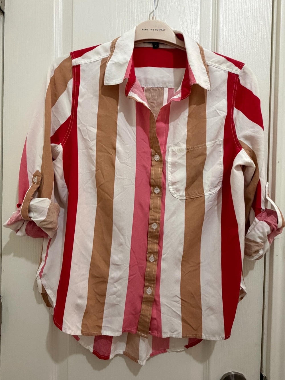 Velvet Heart Striped Roll-Tab Button Down Shirt Red Pink Tan Medium